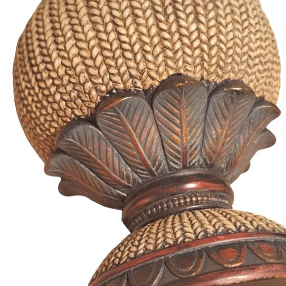 Ornate Lidded Jar Pedestal Spherical Finial Heavy Carved Woven Resin Urn Decor - Picture 2 of 16